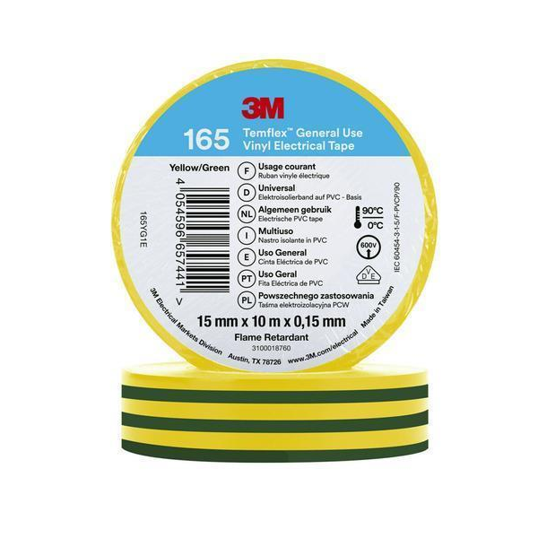 3M Temflex Vinyl-Isolierband 165 Grün/Gelb 15 mm x 10 m 10Stk.